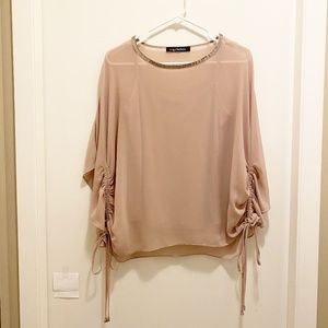 C. by Chelsea Tan Gold 2 Layer Batwing Blouse M